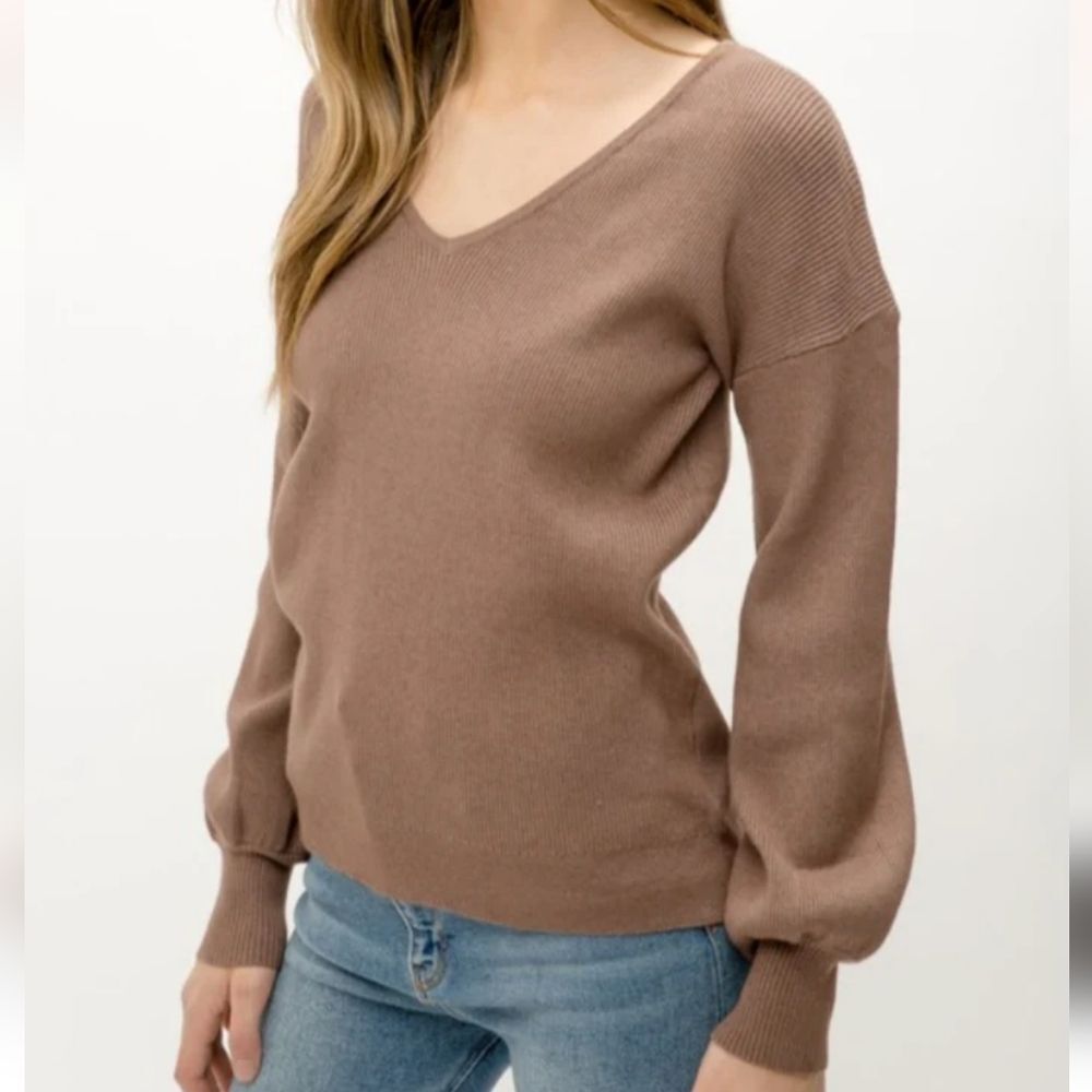 Mystree V Neck Ribbed Brown Sweater Small peasant Sleeves Pullover romantic